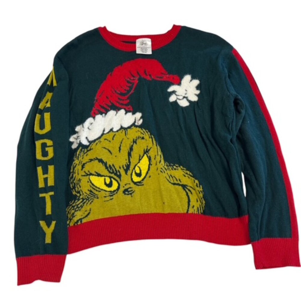 Dr. Seuss The Grinch Ugly Christmas Sweater, Junior Sz Medium “Naughty”